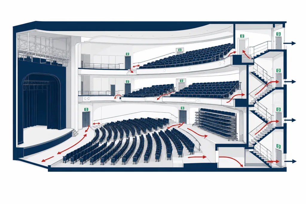 Coupe d’une salle de spectacle avec balcon, tribunes, coursives et cheminements d’évacuation