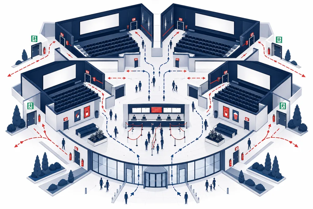 Schéma des flux du public et des évacuations dans un complexe cinématographique